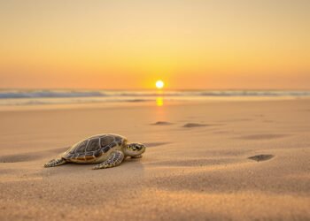 Tortuga marina sobre la arena de una playa al atardecer, escena típica de anidación costera.