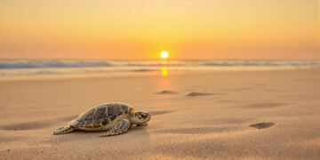 Tortuga marina sobre la arena de una playa al atardecer, escena típica de anidación costera.