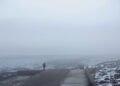Laguna en invierno con niebla y agua calma al amanecer en la provincia de Buenos Aires.