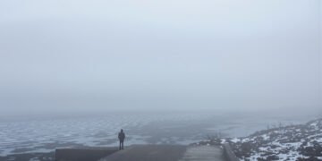 Laguna en invierno con niebla y agua calma al amanecer en la provincia de Buenos Aires.