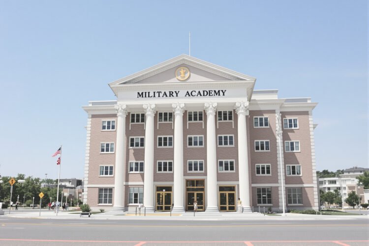 Fachada de una academia militar estadounidense, representando instituciones de educación castrense como West Point.