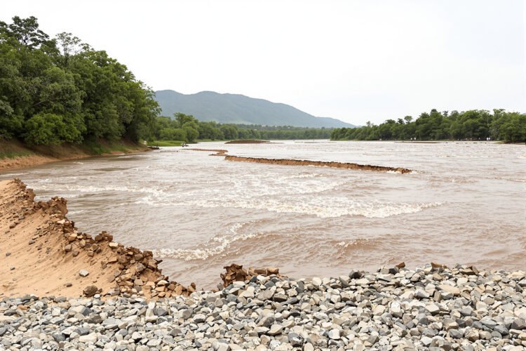 Rio crecido erosionando la ladera de una montana tras lluvias intensas en region del Himalaya.