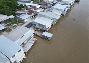 Viviendas ribereñas afectadas por la crecida del río Paraná en el nordeste argentino.
