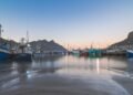 Barcos pesqueros atracados en un puerto industrial costero, similar a las zonas donde operan fábricas de harina de pescado en