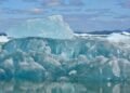 Plataforma de hielo antártico fragmentándose en el océano austral bajo el sol polar.