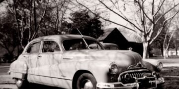 Autopista suburbana estadounidense con autos vintage, símbolo del Sueño Americano inventado por la industria petrolera.