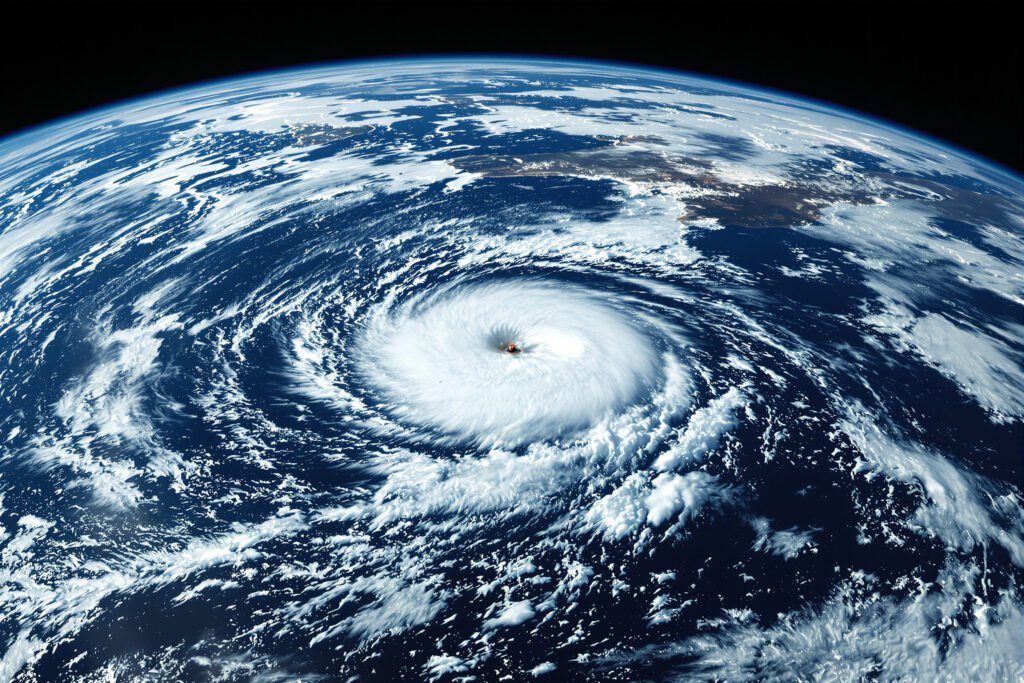 Vista satelital de un huracán sobre el océano Pacífico con formación de nubes en espiral.