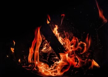 Incendio forestal con llamas naranjas avanzando sobre vegetación seca en California.