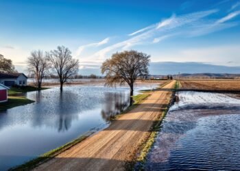 Ruta rural inundada por crecida de río en zona del Litoral argentino.