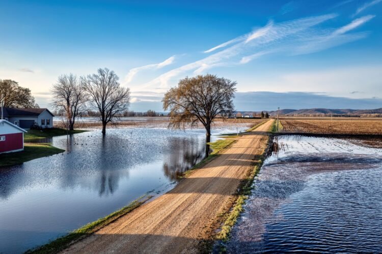 Ruta rural inundada por crecida de río en zona del Litoral argentino.