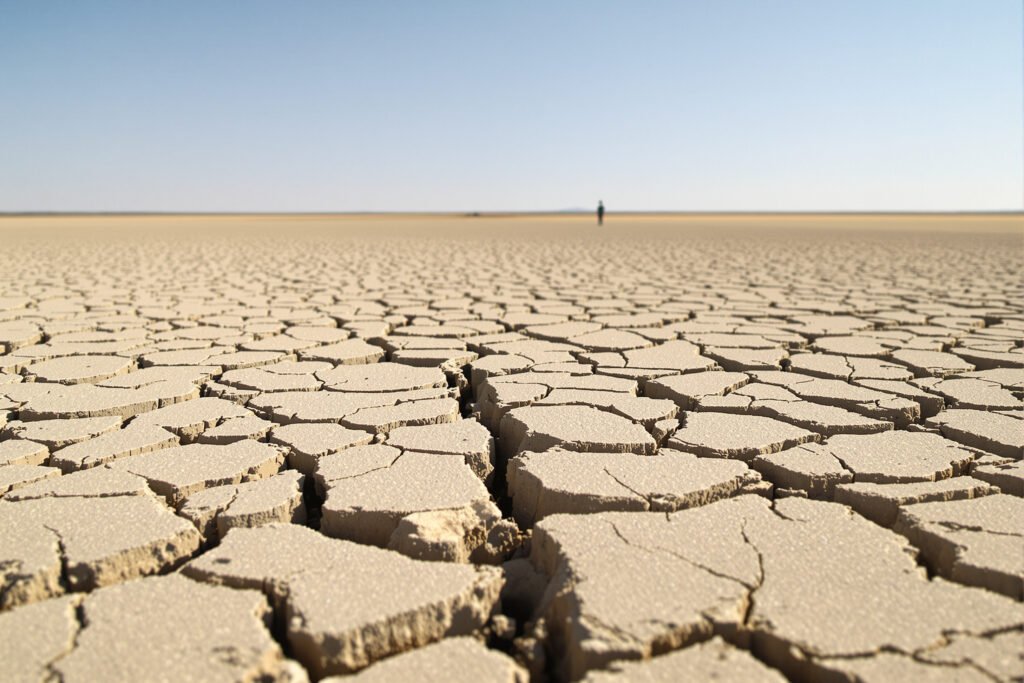 Campo agrícola europeo agrietado por sequía extrema durante las olas de calor del verano 2026.