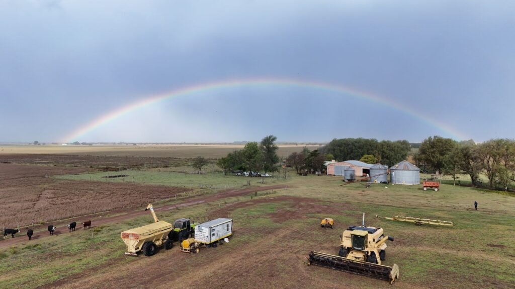 Vista aérea de campos agrícolas en la región pampeana argentina.