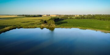Vista aérea de un humedal rodeado de pastizales y espejos de agua al atardecer, representativo de reservas naturales urbanas