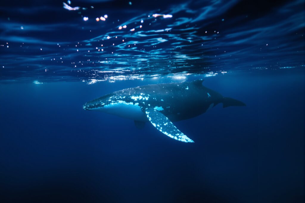 Ballena jorobada nadando bajo el agua en el océano Pacífico, donde el ruido de barcos afecta su comunicación.