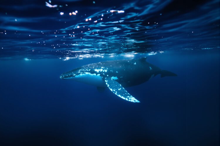 Ballena jorobada nadando bajo el agua en el océano Pacífico, donde el ruido de barcos afecta su comunicación.