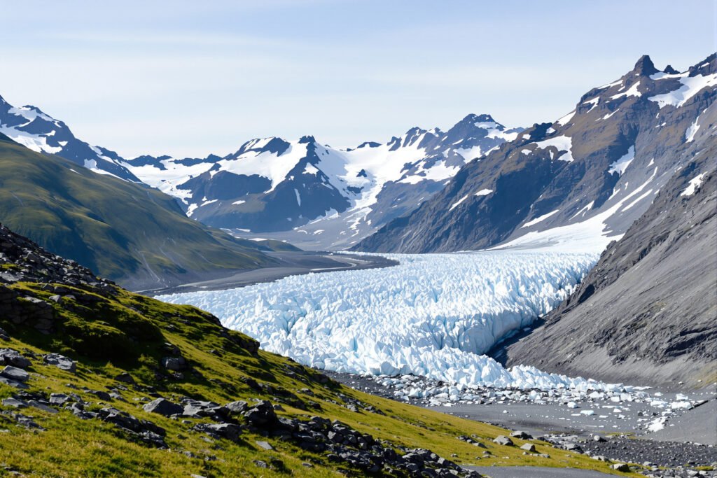 Paisaje de glaciar derritiéndose en los Alpes suizos con rocas expuestas.