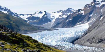 Paisaje de glaciar derritiéndose en los Alpes suizos con rocas expuestas.