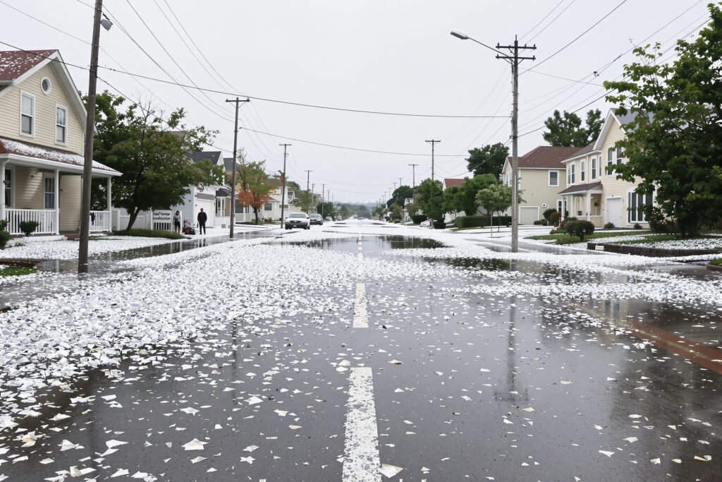 Calle inundada tras tormenta de granizo con piedras de hielo acumuladas en Argentina
